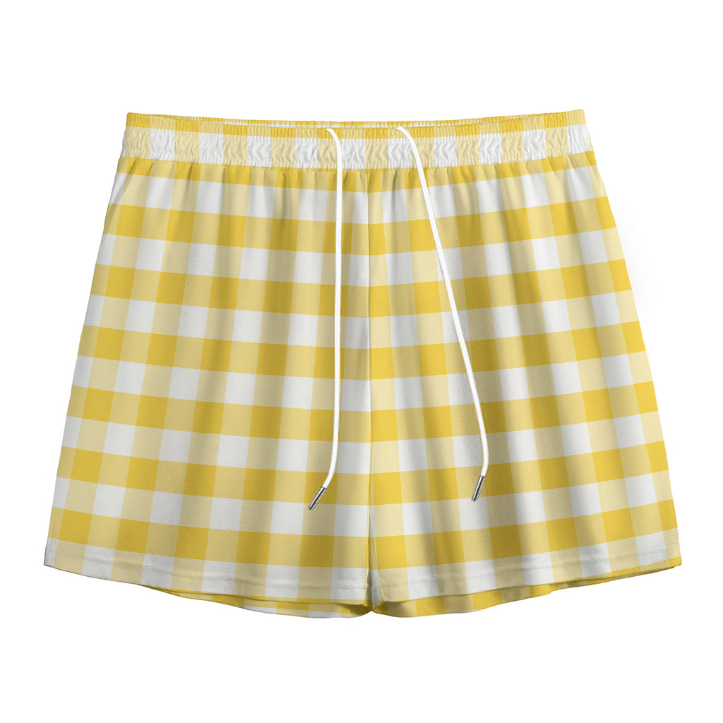 Yellow And White Gingham Pattern Print Mesh Shorts