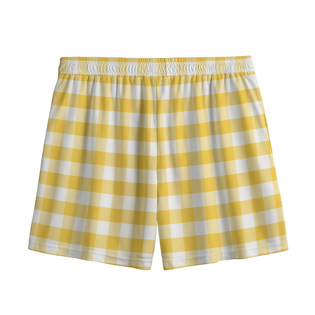 Yellow And White Gingham Pattern Print Mesh Shorts