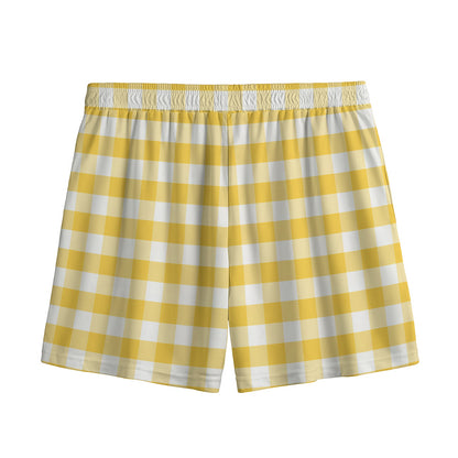 Yellow And White Gingham Pattern Print Mesh Shorts