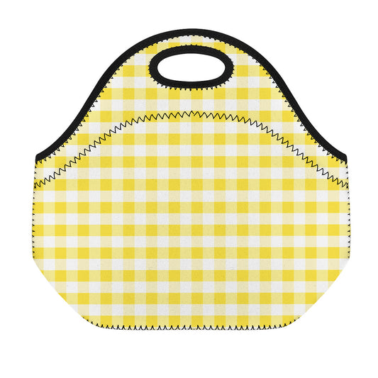 Yellow And White Gingham Pattern Print Neoprene Lunch Bag