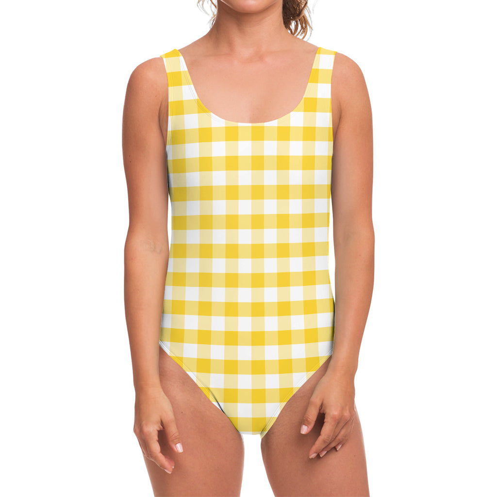 Yellow And White Gingham Pattern Print One Piece Swimsuit