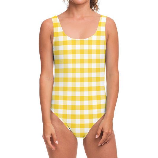 Yellow And White Gingham Pattern Print One Piece Swimsuit