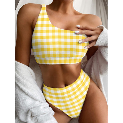 Yellow And White Gingham Pattern Print One Shoulder Bikini Top