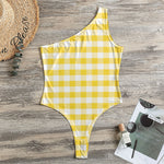 Yellow And White Gingham Pattern Print One Shoulder Bodysuit