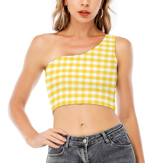 Yellow And White Gingham Pattern Print One Shoulder Crop Top
