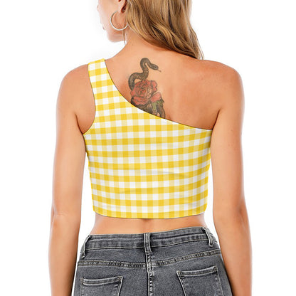 Yellow And White Gingham Pattern Print One Shoulder Crop Top