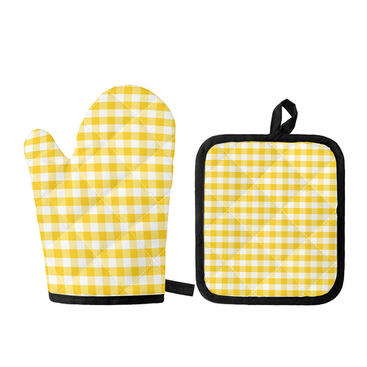 Yellow And White Gingham Pattern Print Oven Mitt And Pot Holder Set