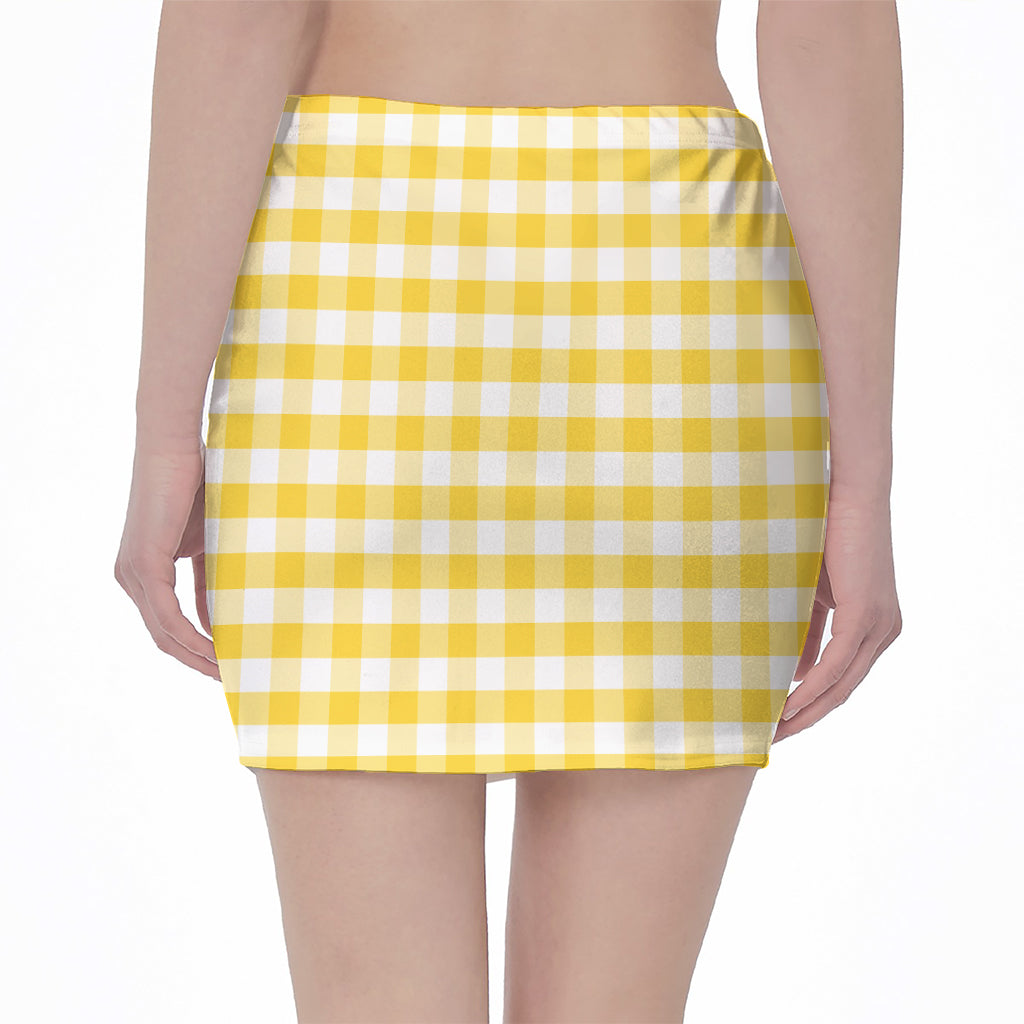 Yellow And White Gingham Pattern Print Pencil Mini Skirt