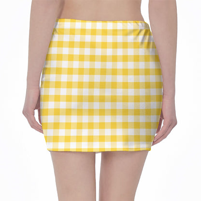 Yellow And White Gingham Pattern Print Pencil Mini Skirt