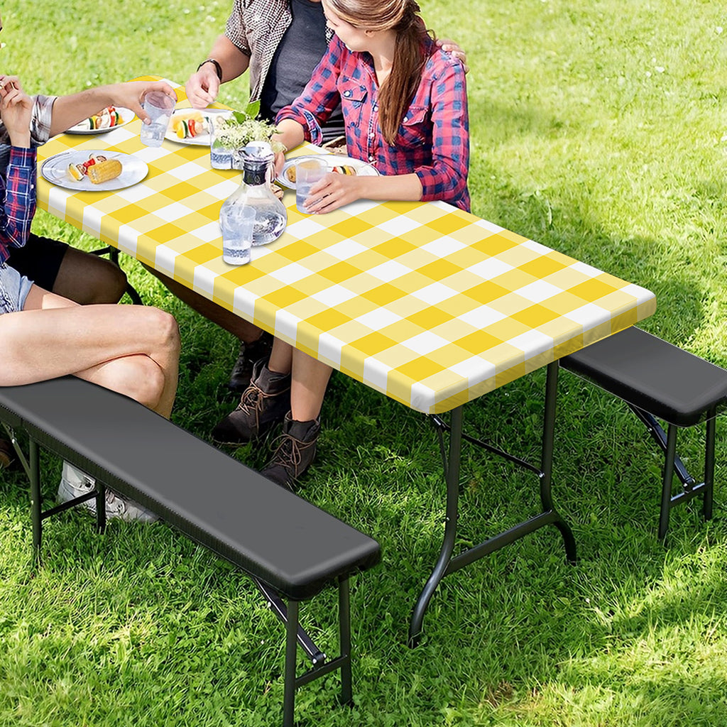 Yellow And White Gingham Pattern Print Picnic Table Cover
