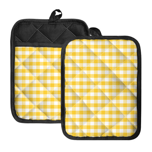 Yellow And White Gingham Pattern Print Pot Holders With Pocket
