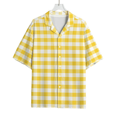 Yellow And White Gingham Pattern Print Rayon Hawaiian Shirt