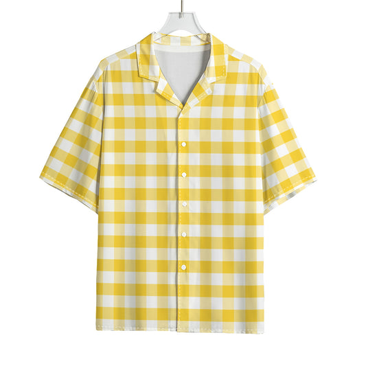 Yellow And White Gingham Pattern Print Rayon Hawaiian Shirt