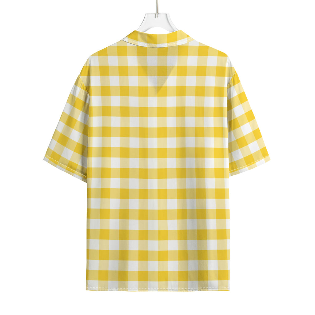 Yellow And White Gingham Pattern Print Rayon Hawaiian Shirt