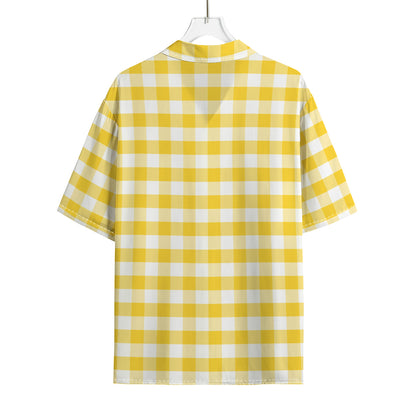 Yellow And White Gingham Pattern Print Rayon Hawaiian Shirt