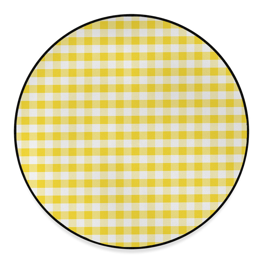Yellow And White Gingham Pattern Print Round Floor Mat