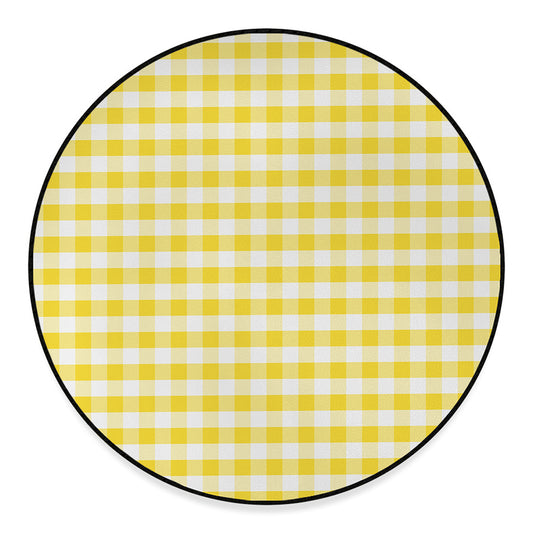 Yellow And White Gingham Pattern Print Round Floor Mat