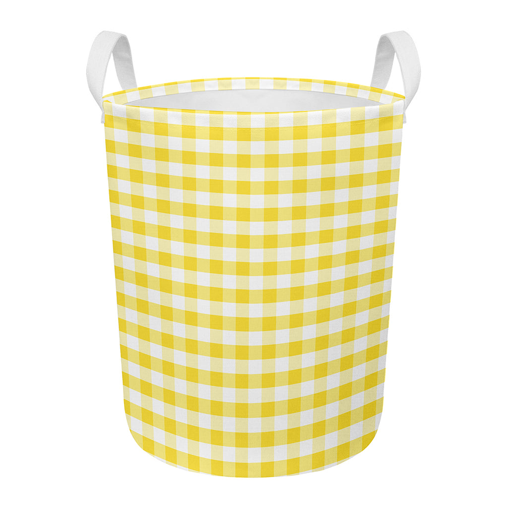 Yellow And White Gingham Pattern Print Round Laundry Basket
