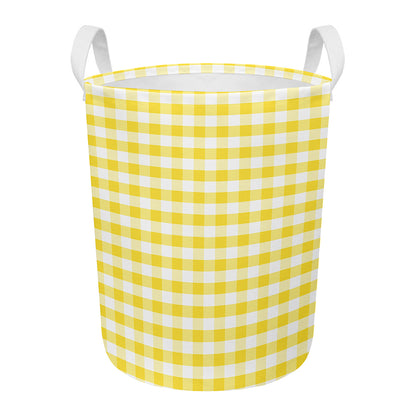 Yellow And White Gingham Pattern Print Round Laundry Basket