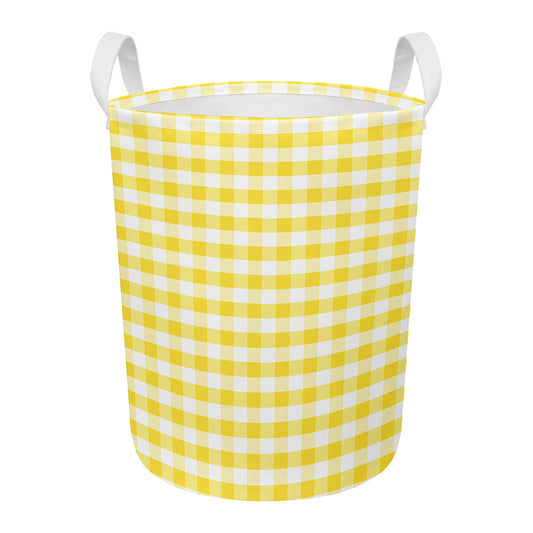 Yellow And White Gingham Pattern Print Round Laundry Basket