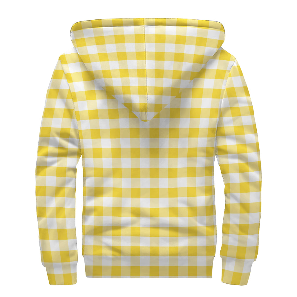 Yellow And White Gingham Pattern Print Sherpa Lined Zip Up Hoodie
