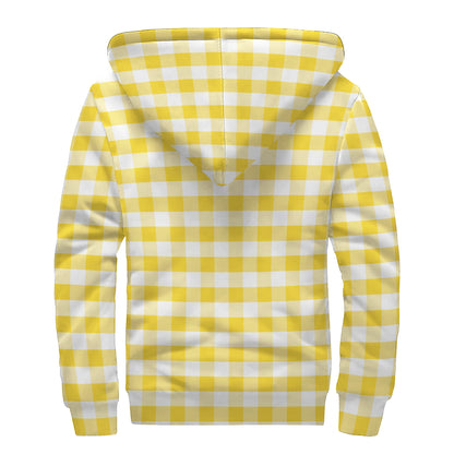 Yellow And White Gingham Pattern Print Sherpa Lined Zip Up Hoodie