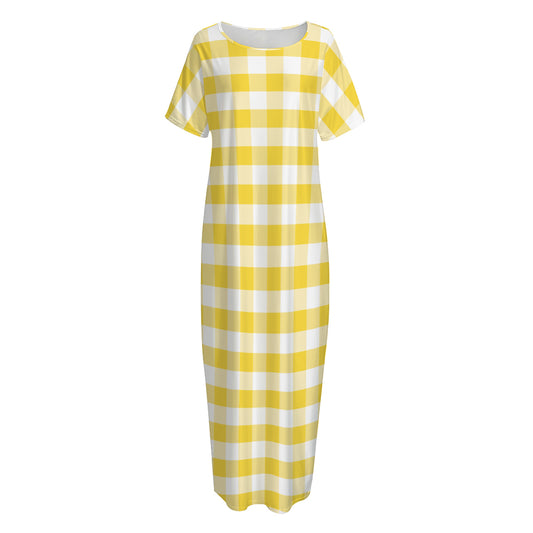 Yellow And White Gingham Pattern Print Short Sleeve Long Nightdress
