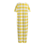 Yellow And White Gingham Pattern Print Short Sleeve Long Nightdress