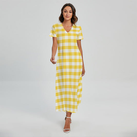 Yellow And White Gingham Pattern Print Short Sleeve Maxi Dress