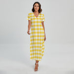 Yellow And White Gingham Pattern Print Short Sleeve Maxi Dress