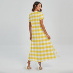 Yellow And White Gingham Pattern Print Short Sleeve Maxi Dress
