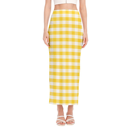 Yellow And White Gingham Pattern Print Side Slit Maxi Skirt