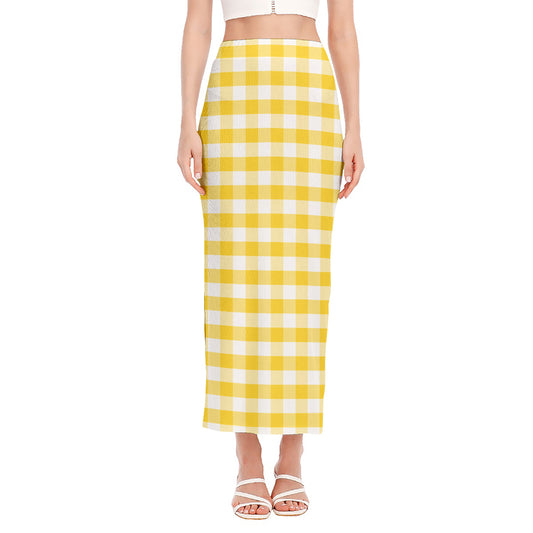 Yellow And White Gingham Pattern Print Side Slit Maxi Skirt