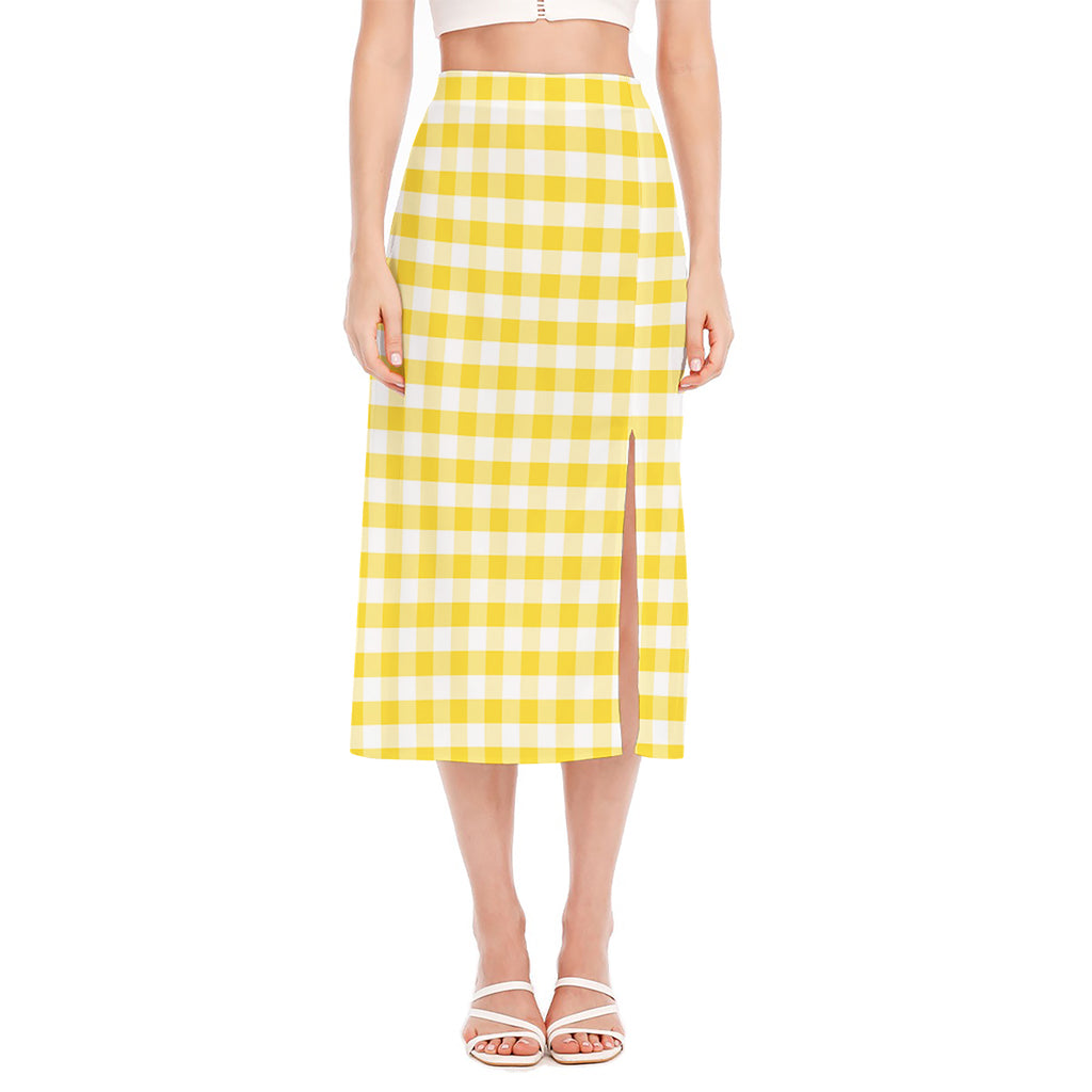 Yellow And White Gingham Pattern Print Side Slit Midi Skirt