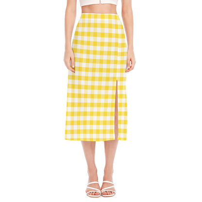Yellow And White Gingham Pattern Print Side Slit Midi Skirt