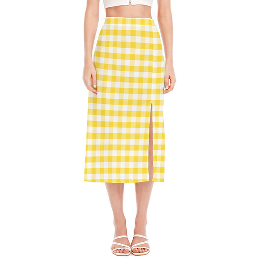 Yellow And White Gingham Pattern Print Side Slit Midi Skirt