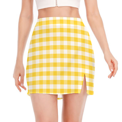 Yellow And White Gingham Pattern Print Side Slit Mini Skirt
