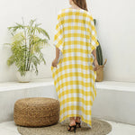 Yellow And White Gingham Pattern Print Silk V-Neck Kaftan Dress