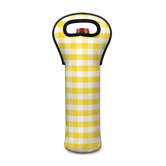 Yellow And White Gingham Pattern Print Single Neoprene Wine Tote