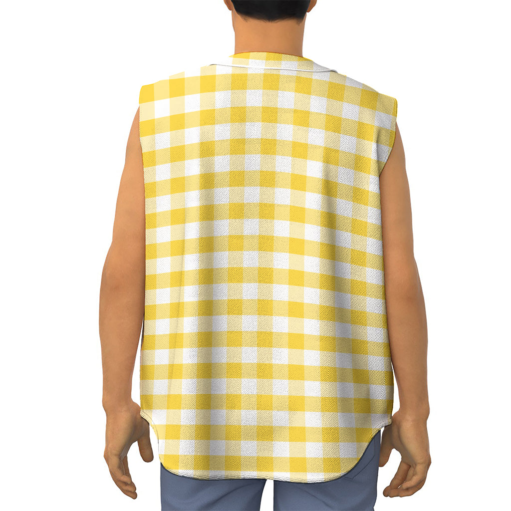 Yellow And White Gingham Pattern Print Sleeveless Baseball Jersey