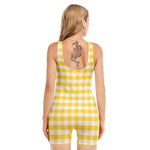Yellow And White Gingham Pattern Print Sleeveless One Piece Swimsuit