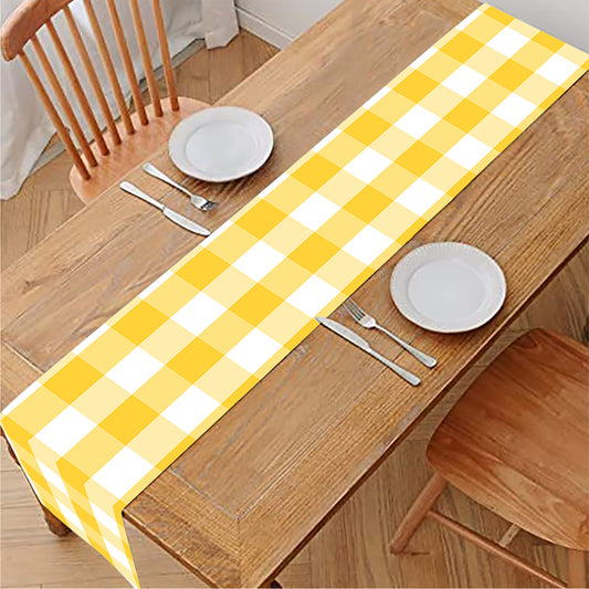 Yellow And White Gingham Pattern Print Table Runner