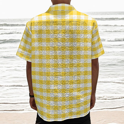 Yellow And White Gingham Pattern Print Textured Short Sleeve Shirt