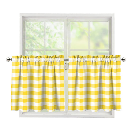 Yellow And White Gingham Pattern Print Tier Curtains