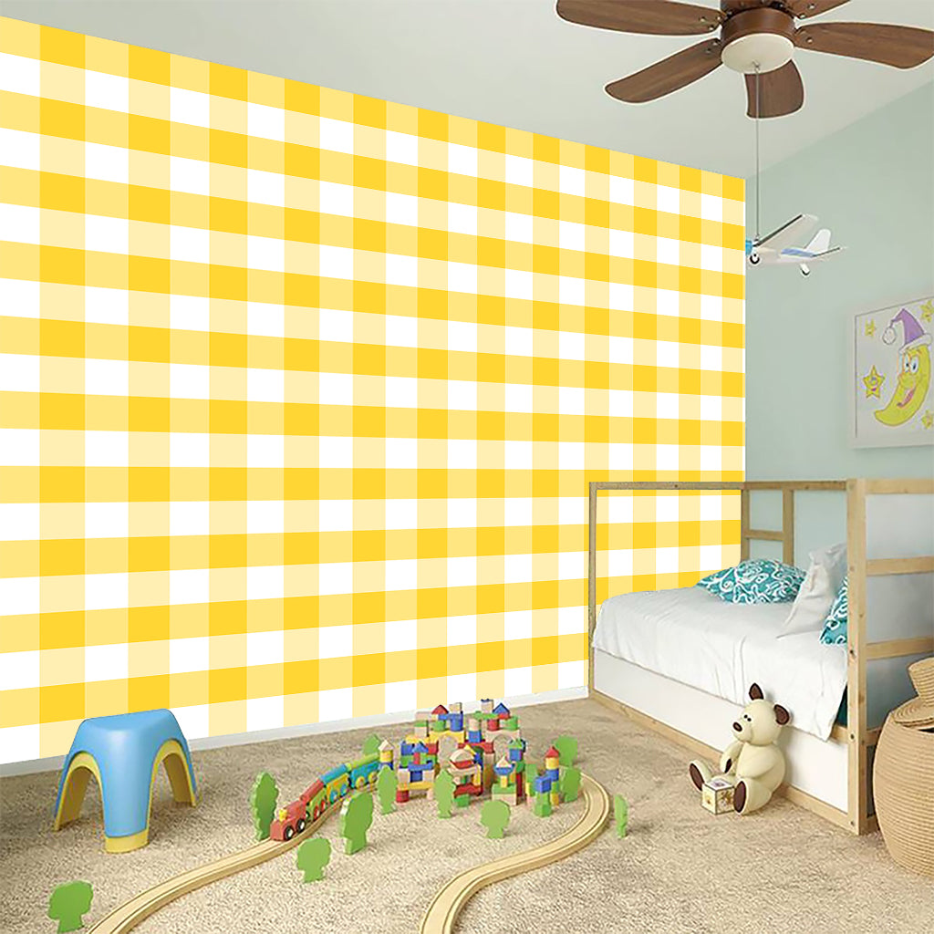 Yellow And White Gingham Pattern Print Wall Sticker