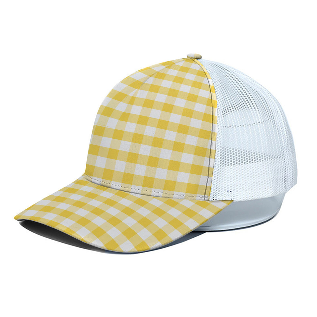 Yellow And White Gingham Pattern Print White Mesh Trucker Cap