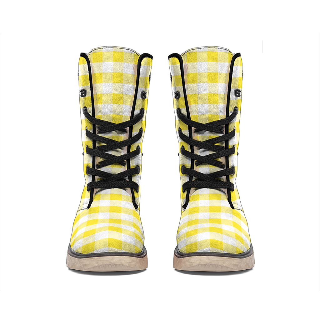 Yellow And White Gingham Pattern Print Winter Boots