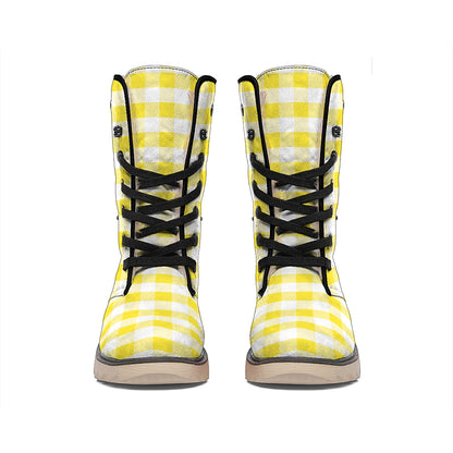 Yellow And White Gingham Pattern Print Winter Boots