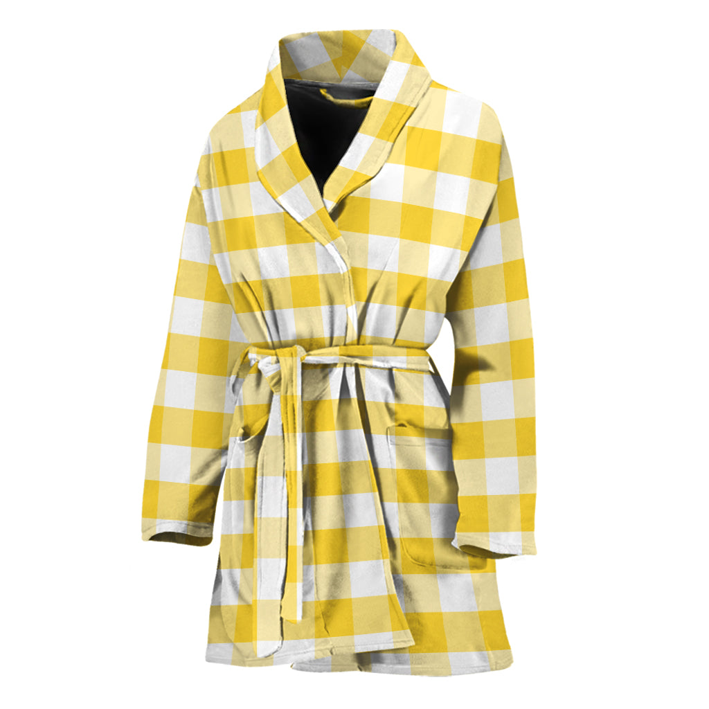Yellow And White Gingham Pattern Print Women's Bathrobe