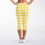 Yellow And White Gingham Pattern Print Women's Capri Leggings